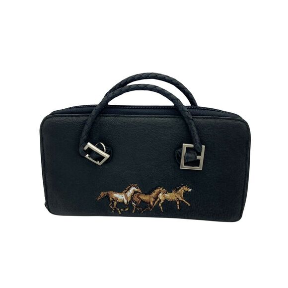 Horse Travel Wallet Purse The Gallery Collection Women's Black Double Handles - Picture 1 of 13